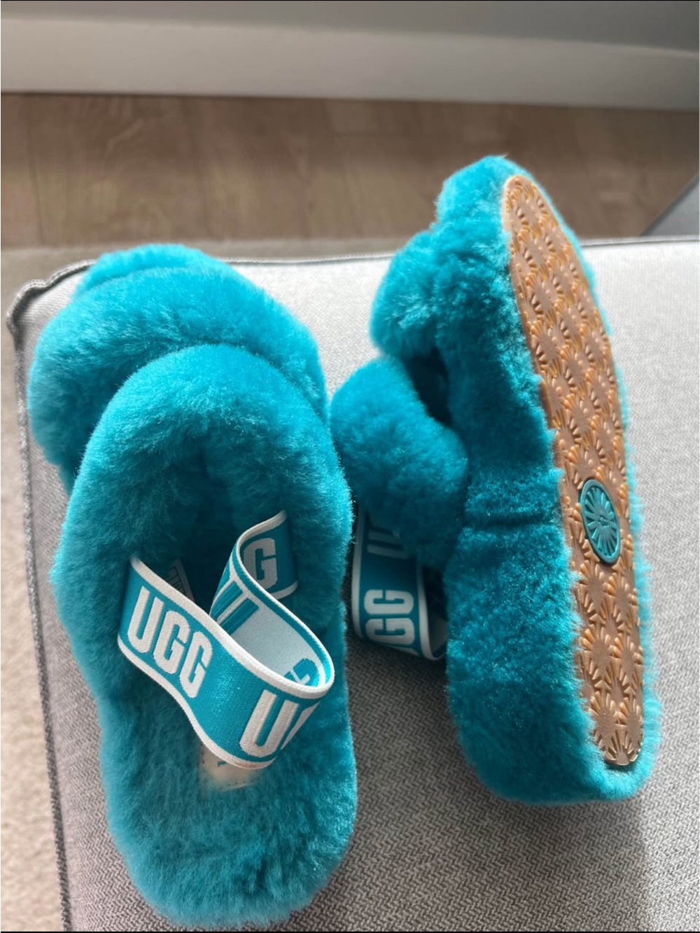 UGG Teal Plush Shearling Slide Sandals with Branded Strap